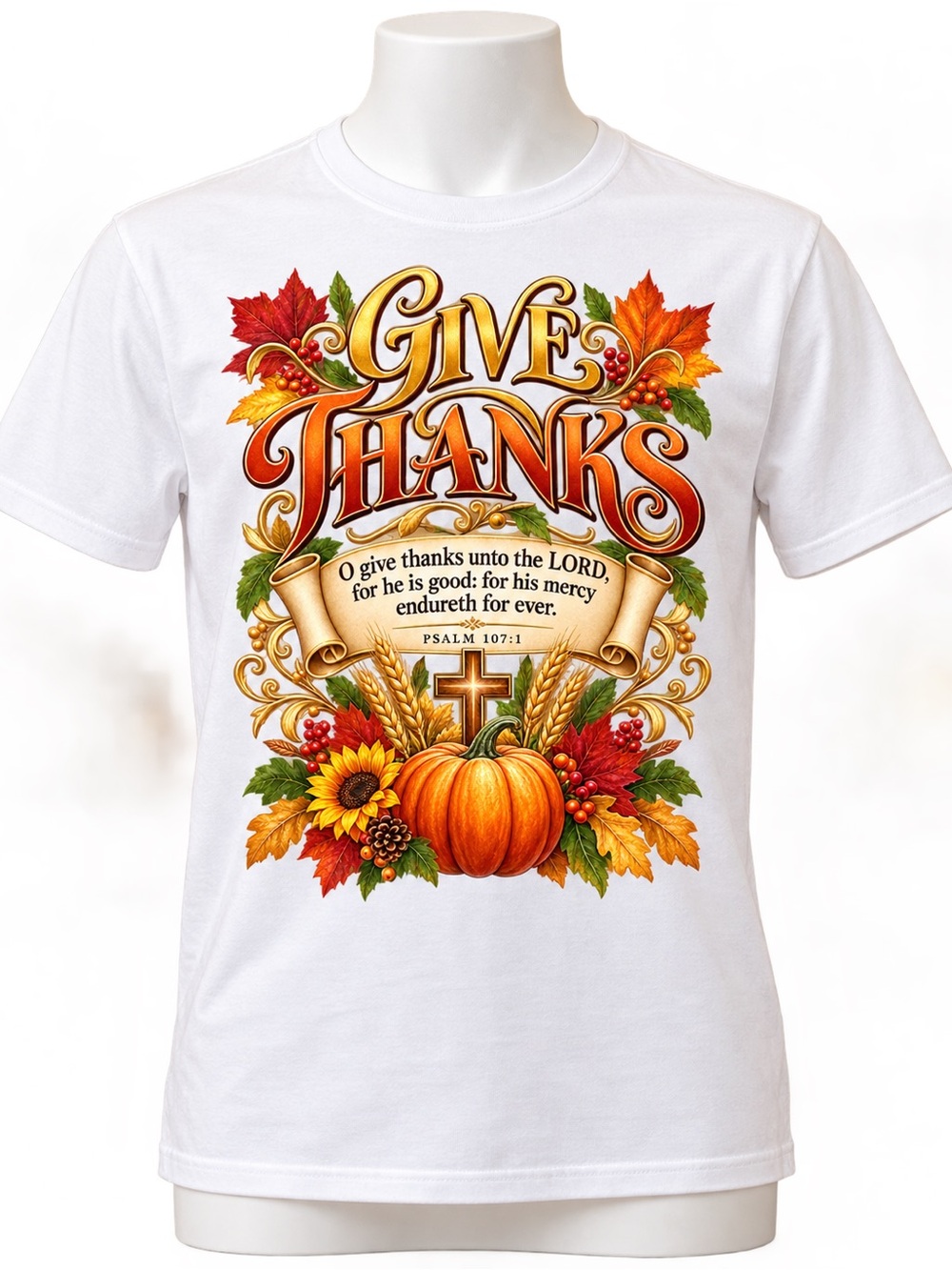 Gildan White Tee with Orange & Gold "Give Thanks" Fall Graphic